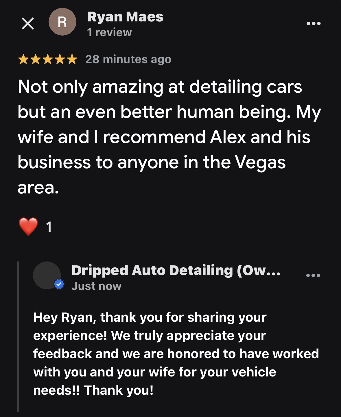 Dripped Auto Detailing Google review screenshot 1