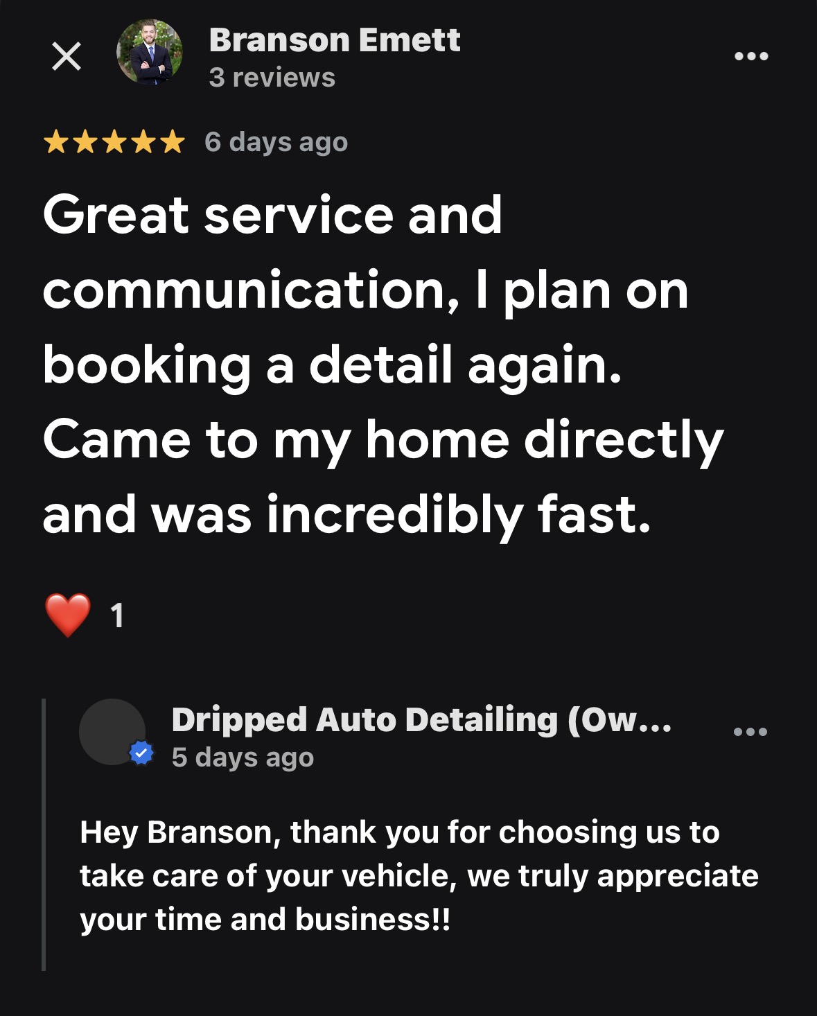 Dripped Auto Detailing Google review screenshot 2
