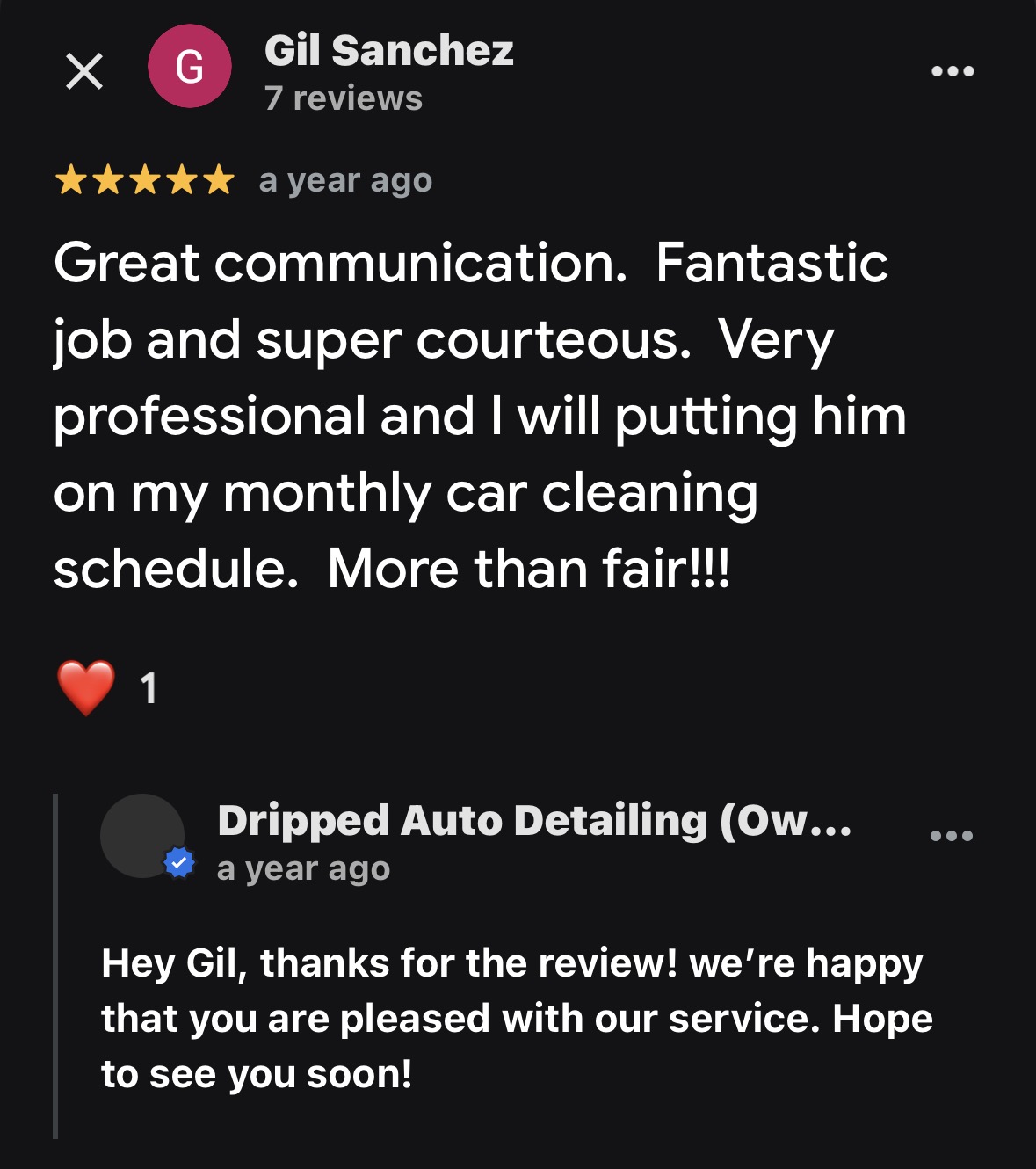Dripped Auto Detailing Google review screenshot 3