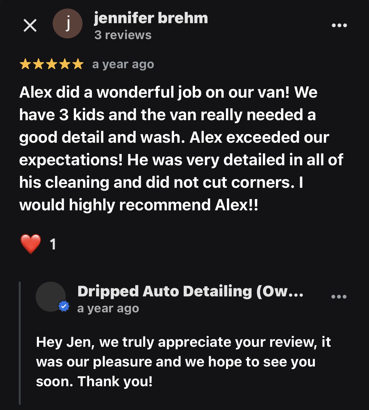 Dripped Auto Detailing Google review screenshot 4