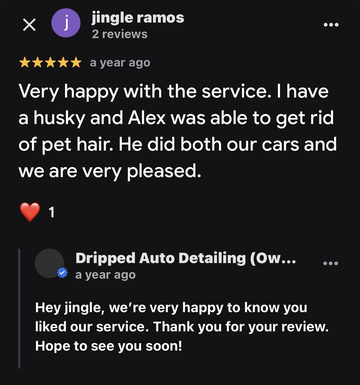 Dripped Auto Detailing Google review screenshot 5